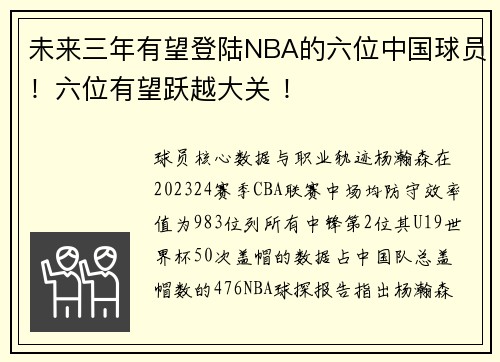 未来三年有望登陆NBA的六位中国球员！六位有望跃越大关 ！
